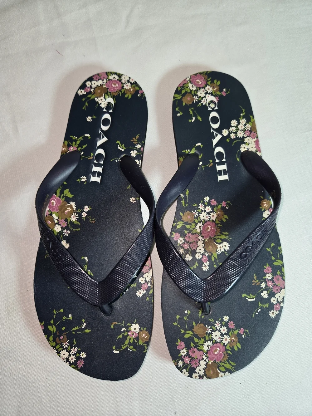 COACH Floral Print Flip Flop Sandals - Navy with Pink Flowers